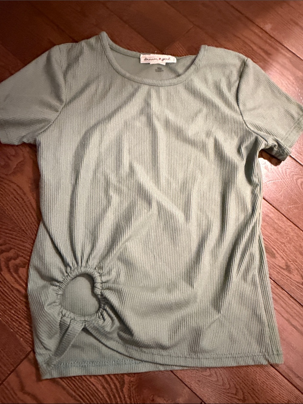 🔥 3/$25 - Girl Sage Green Ribbed Short Sleeve Tee with Side Heart Cinch